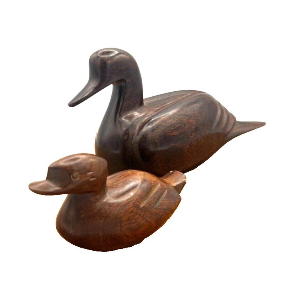 Wooden Duck & Duckling Dark Brown Hand Carved Glossy Sculpted Figurine - Set 2